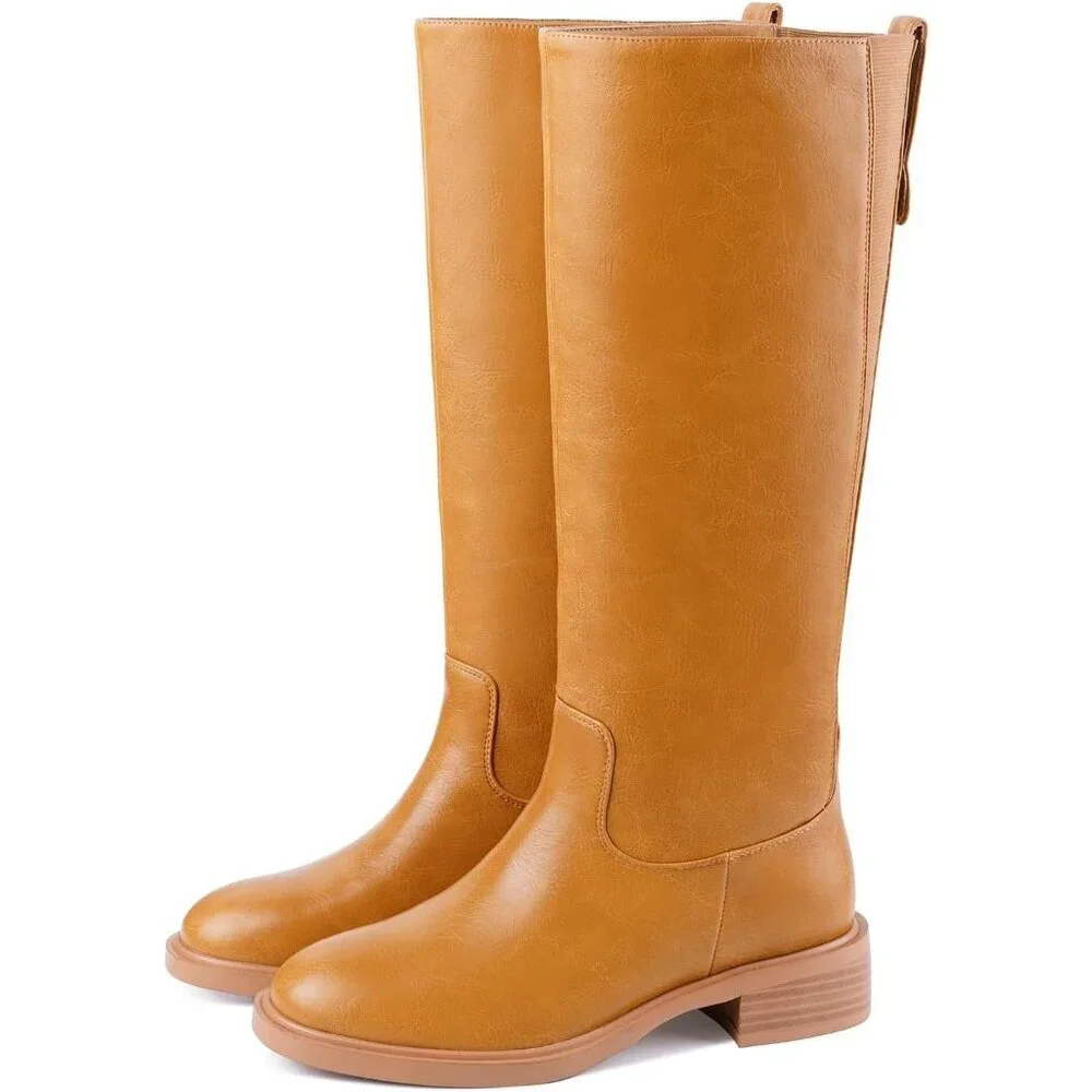 Women's A-banana Round Toe Wide Calf Chunky Low Heel Pull Knee High Boots Rubber